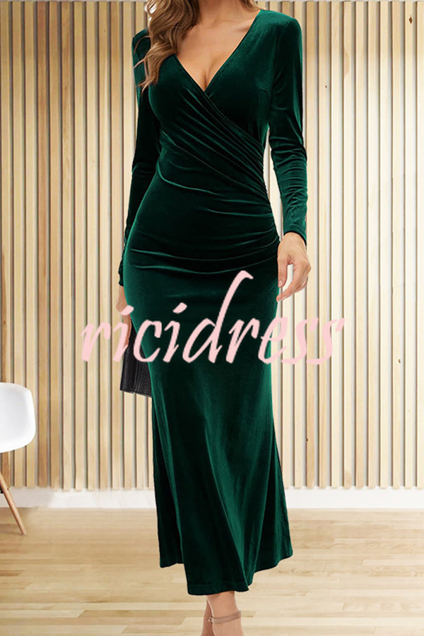 Solid Color Velvet Long Sleeve V-neck Slim Fit Fishtail Maxi Dress