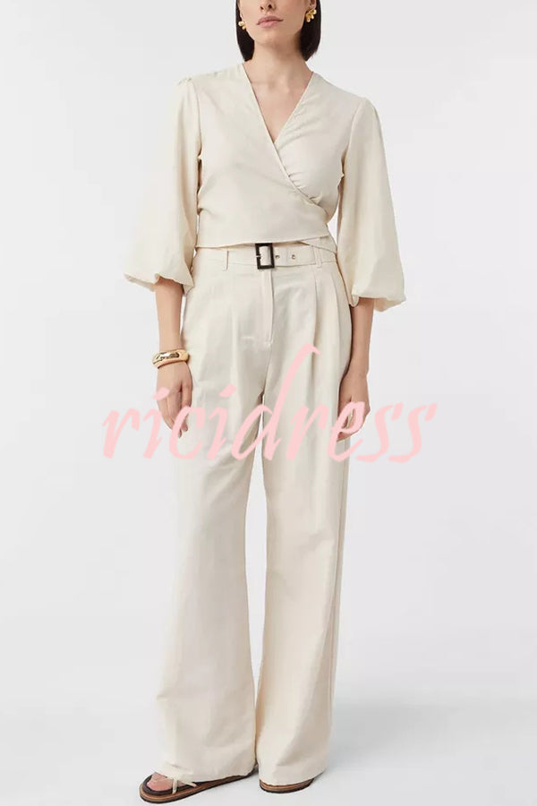 Lets Go Out Linen Blend Balloon Sleeve Wrap Tie-up Loose Top