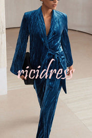 Solid Color Velvet Pleated Long-sleeved Tie Top and Casual Pocket Straight-leg Pants Set