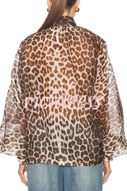 Arianne Chiffon Leopard Print Bow Neck Long Balloon Sleeve Loose Blouse
