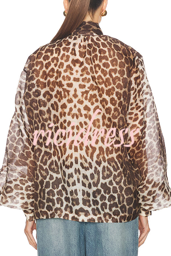 Arianne Chiffon Leopard Print Bow Neck Long Balloon Sleeve Loose Blouse