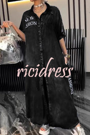 Fashion Letter Print Lapel Cardigan Loose Maxi Dress