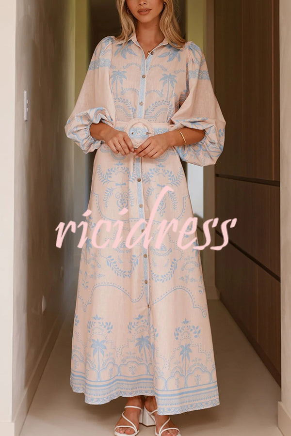 Linen Blend Lapel Puff Sleeve Casual Waist Belted Maxi Dress