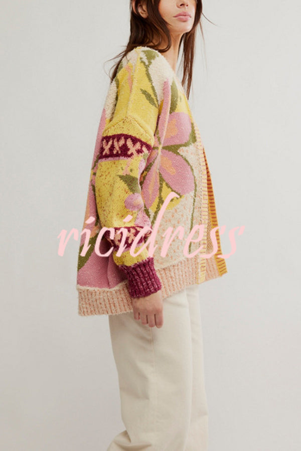 Floral Pattern Loose Long-sleeved Knitted Cardigan