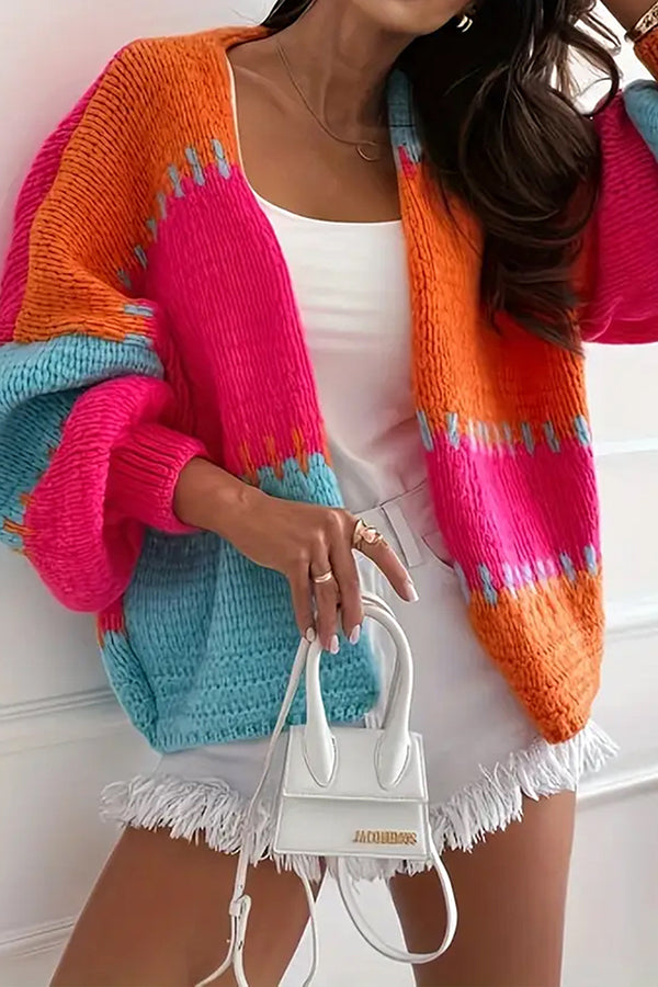 Fashionable Contrast Color Stitching Casual Knitted Cardigan