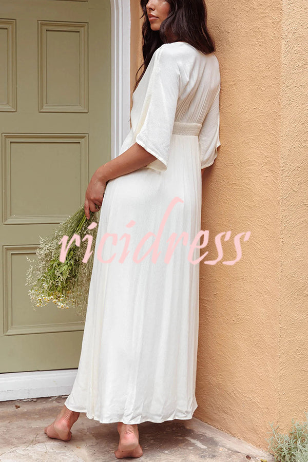 Solid V-neck High Waisted Single Breasted Ultra Maxi Dress