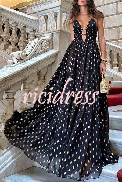 Charming View Chiffon Gold Polka Dot Print Cutout Lightweight Maxi Dress