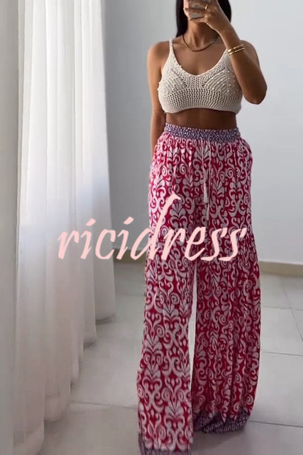 Unique Print Elastic High Waist Tie Pocket Wide Leg Pants