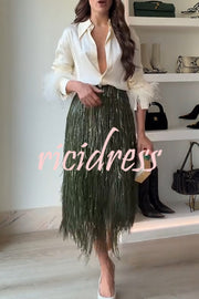 Party Crasher Feather Trim Long Sleeve Button Up Loose Blouse