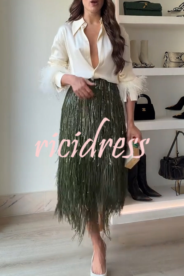 Party Crasher Feather Trim Long Sleeve Button Up Loose Blouse