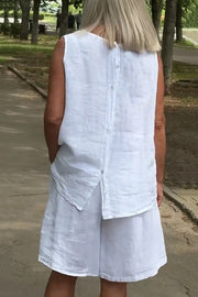 Linen Blend Solid Sleeveless Crewneck Top and Loose Pocket Shorts Set