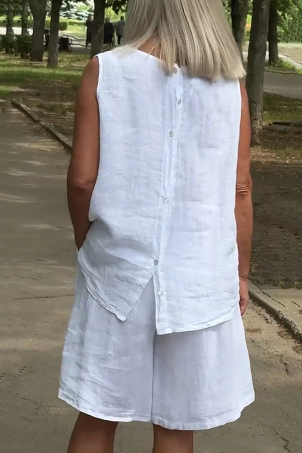 Linen Blend Solid Sleeveless Crewneck Top and Loose Pocket Shorts Set