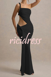 Sexy One-shoulder Backless Ribbon Pleated Slim Maxi Dress