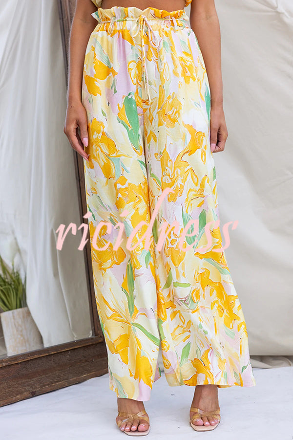Soleila Floral Print One Shoulder Tie-up Crop Top and Elastic Waist Pocket Loose Pants Set