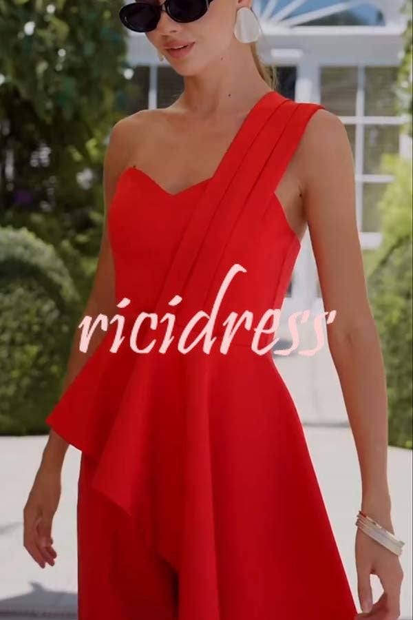 Amena One Shoulder Sweetheart Neck Ruffle Hem Top and Elastic Waist Pocket Wide Leg Pants Set