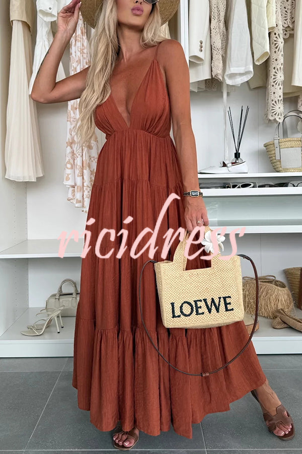 Bohemian Style V-neck Backless Slip Layered Vacation Maxi Dress