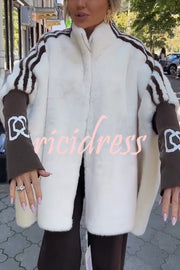 Fashion Sports Stripe Print and Ribbed Embroidered Long Sleeve Zipper Stand Nack Pocket Plush Coat
