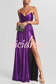 Goddess Temperament Metallic Pleated Fabric Off Shoulder Slit Maxi Dress