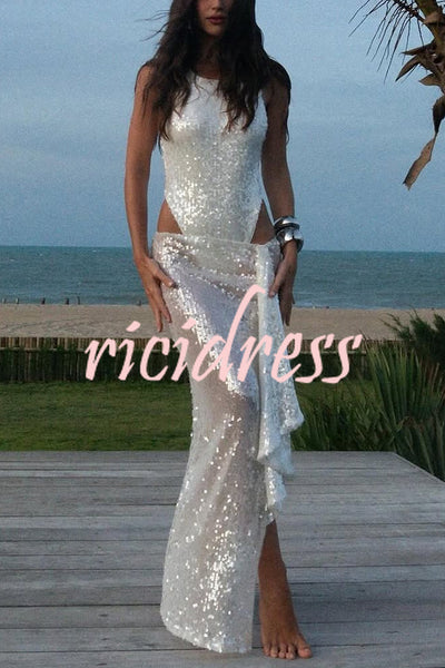 Fashion Sequin Sleeveless Fitted Rompers and Holiday Slit Maxi Skirt Set