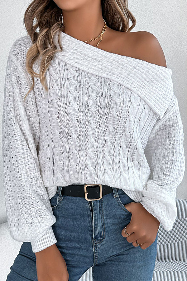 Solid Color Casual One Shoulder Long Sleeve Knitted Sweater