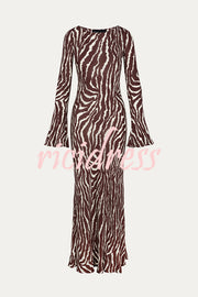 Gia Unique Print Boat Neck Long Bell Sleeve Bias Cut Maxi Dress