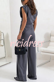 Jordy Ruched Shoulder Slit Top and Elastic Waist Pocketed Wide Leg Pants Set