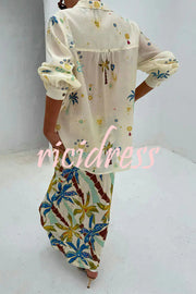 Linen Blend Resort Coconut Palm Print Long Sleeve Lapel Shirt and Elastic Waist Casual Pocket Shorts Set