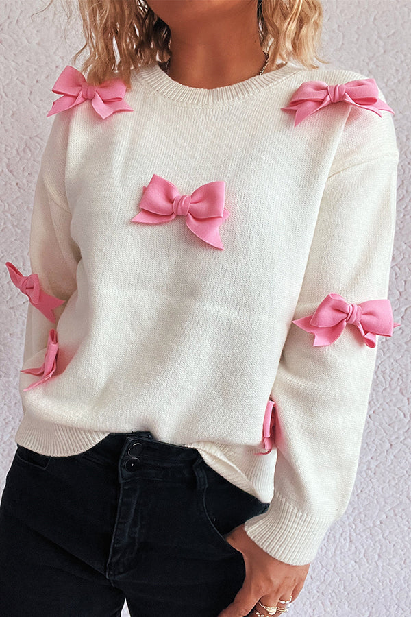 Sweet Bow-knot Casual Round Neck Long-sleeved Knit Sweater