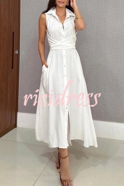 Solid Color Lapel Sleeveless Waisted Single-breasted Casual Midi Dress