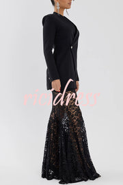 Poetic Muse Floral Lace High Rise Elastic Waist Fishtail Hem Maxi Skirt
