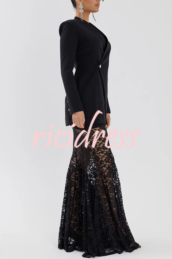 Poetic Muse Floral Lace High Rise Elastic Waist Fishtail Hem Maxi Skirt