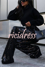 Night Gathering Sequin High Rise Pocketed Wide Leg Cargo Pants