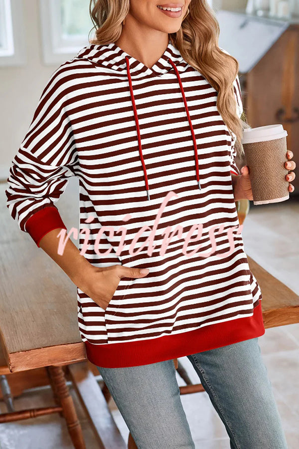 Striped Print Long Sleeve Pocket Loose Hoodie