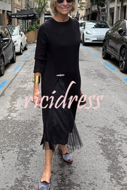 Jollie Knit Long Sleeve Front Slit Midi Sweater and Pleated Tulle Stretch Tank Midi Dress Two-piece Set