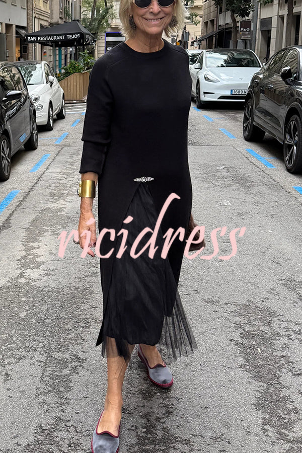 Jollie Knit Long Sleeve Front Slit Midi Sweater and Pleated Tulle Stretch Tank Midi Dress Two-piece Set