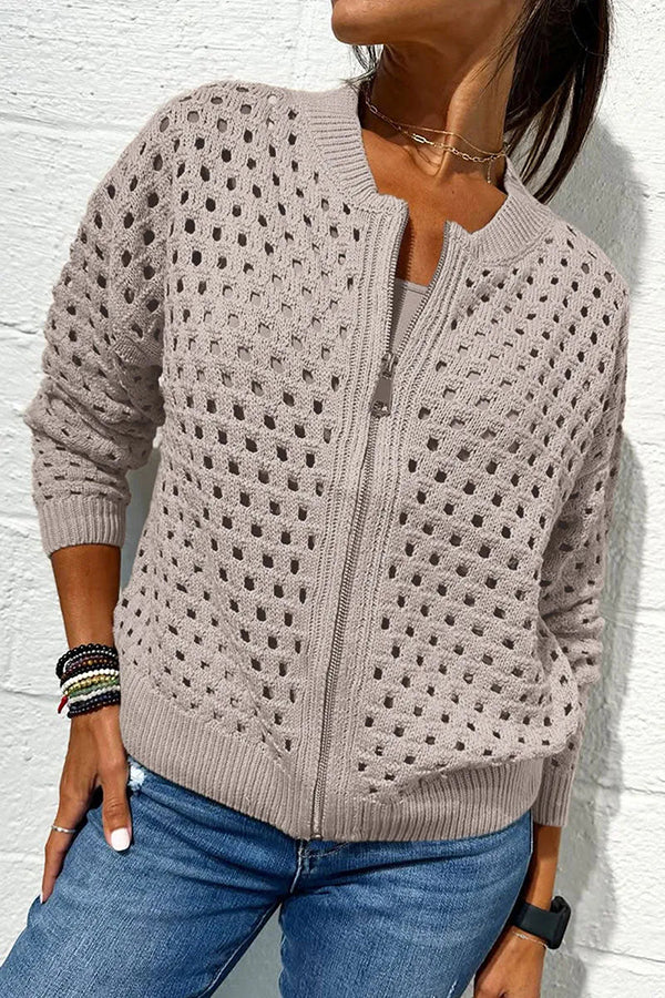 Solid Color Casual Knit Hollow Zipper Jacket