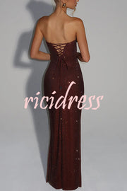 Mirabella Sequin Pleated Cowl Scooped Neckline Back Lace-up Strapless Maxi Dress