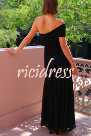 Effortless Elegance Mesh Off Shoulder Ruched Stretch Maxi Dress