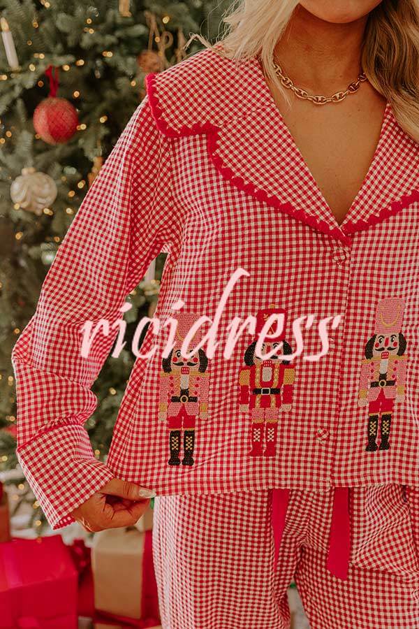 Nutcracker Charm Embroidered Gingham Loose Shirt and Elastic Waist Pajama Set