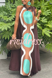 Unique Print Sleeveless Halter Neck Loose Holiday Maxi Dress