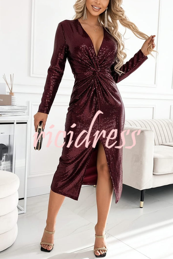 Coralia Sequin V-neck Long Sleeve Twist Waist Front Slit Midi Dress