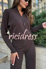 Cozycore Knit Zipper Long Sleeve Cardigan and Stretch Wide Leg Pants Set