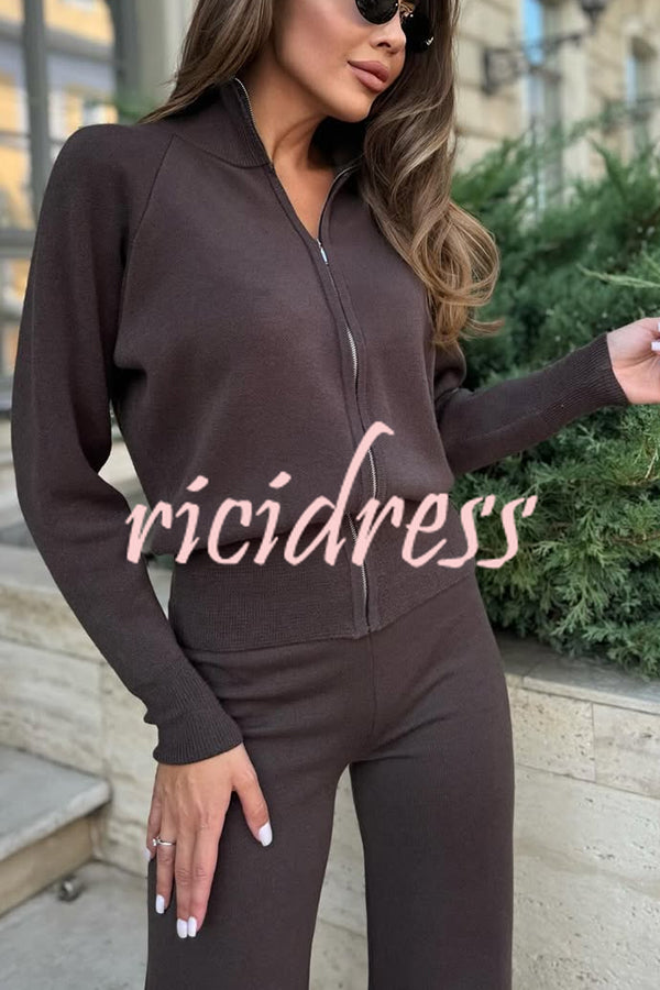 Cozycore Knit Zipper Long Sleeve Cardigan and Stretch Wide Leg Pants Set