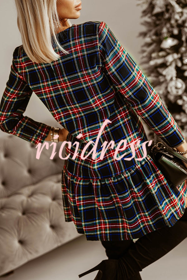 Fashionable Plaid Print Long Sleeve Round Neck Slim Fit Mini Dress