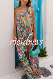 Rainbow Breeze Satin Unique Print Bow One Shoulder Loose Maxi Dress