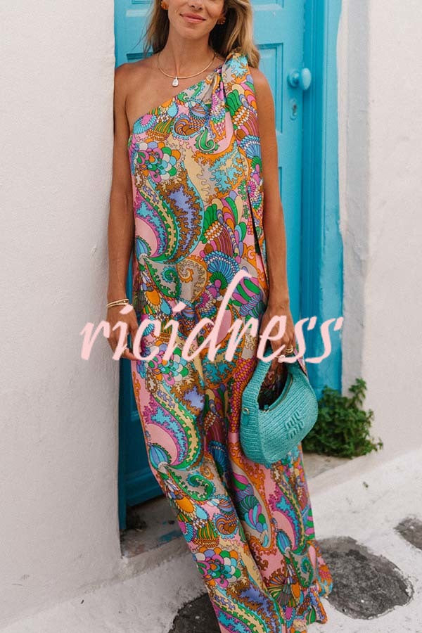 Rainbow Breeze Satin Unique Print Bow One Shoulder Loose Maxi Dress