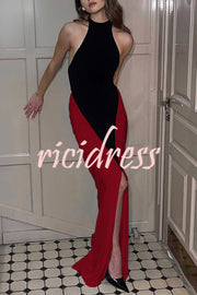 Fashionable Contrast Color Open Back Side Pleated Draped Maxi Dress