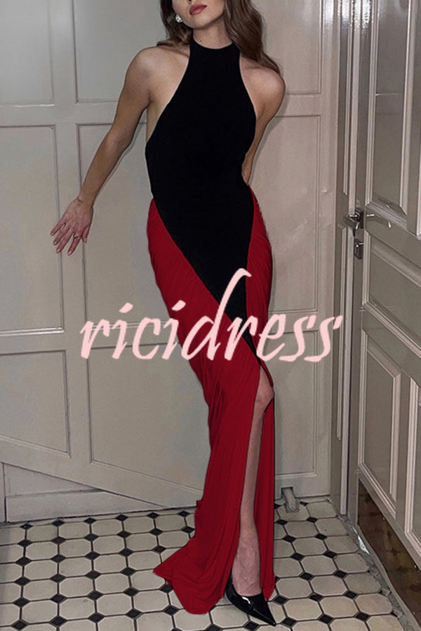 Fashionable Contrast Color Open Back Side Pleated Draped Maxi Dress