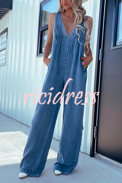 Solid Color Sexy V-neck Open Back Pleated Loose Denim Jumpsuit