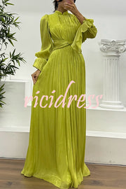 Ellah Shiny Fabric Chinese Stand Collar Twist Waist Balloon Sleeve Maxi Dress